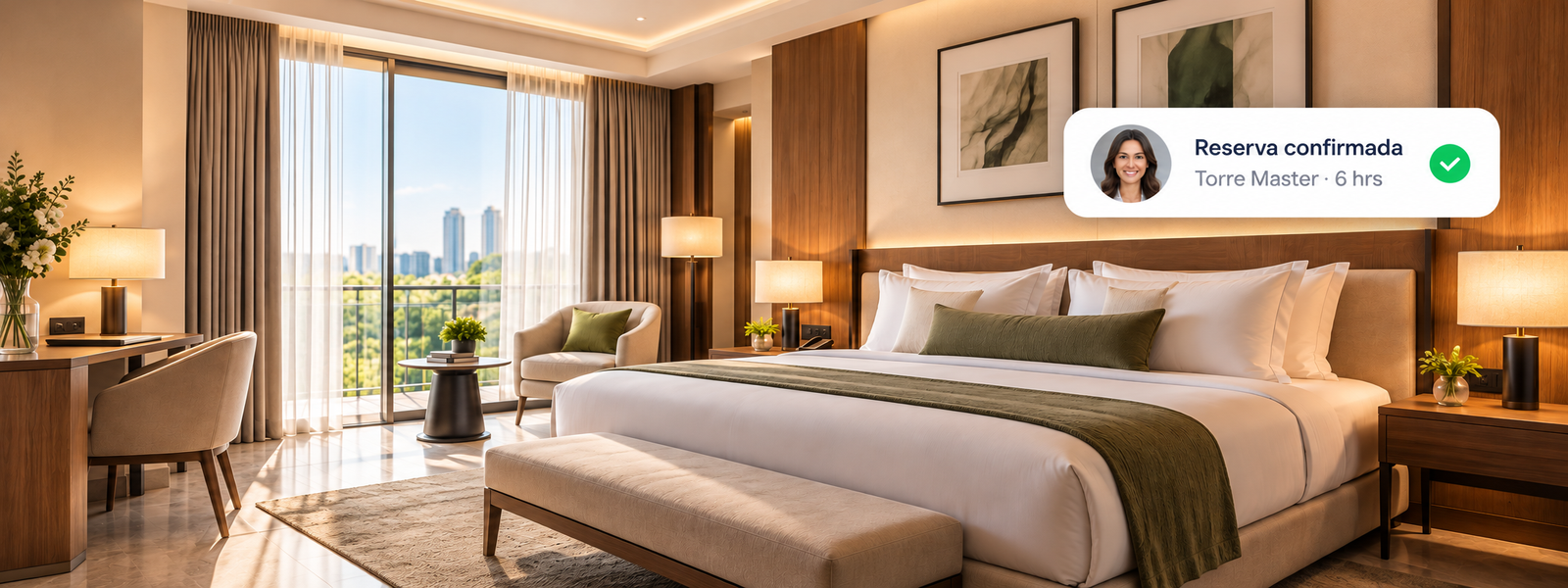 Habitación de hotel con una reservación confirmada en ClickStay para una estancia de 6 horas.
